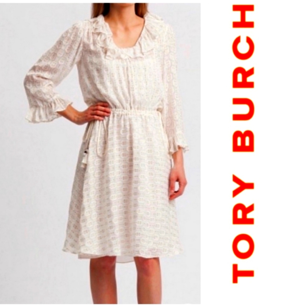 NEW Tory Burch Jasmine Ivory Metallic Tie Waist Long Sleeve Midi Dress